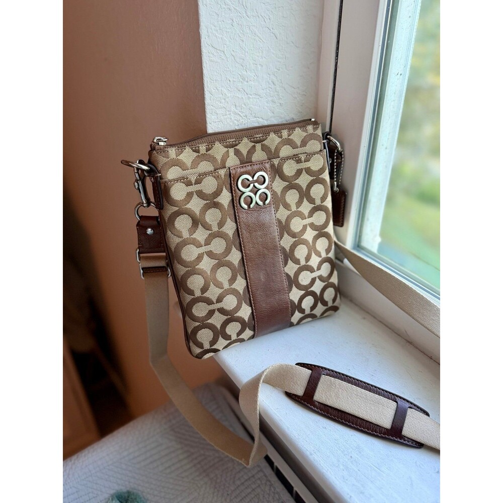 Coach 44245 Julia Op Art Signature Swingpack Crossbody in Khaki & Brown Leather